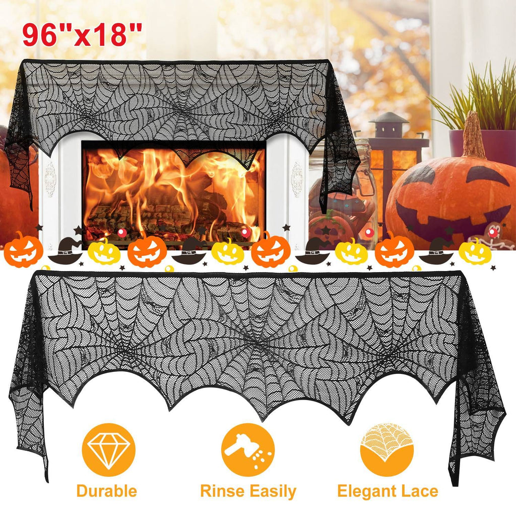 2PCS Halloween Mantle Scarf (96"x18") - Black Lace with Spider Web, Spider & Bat Design, Soft Anti-Crease Fabric - Perfect for Fireplace, Haunted House, Party Decor