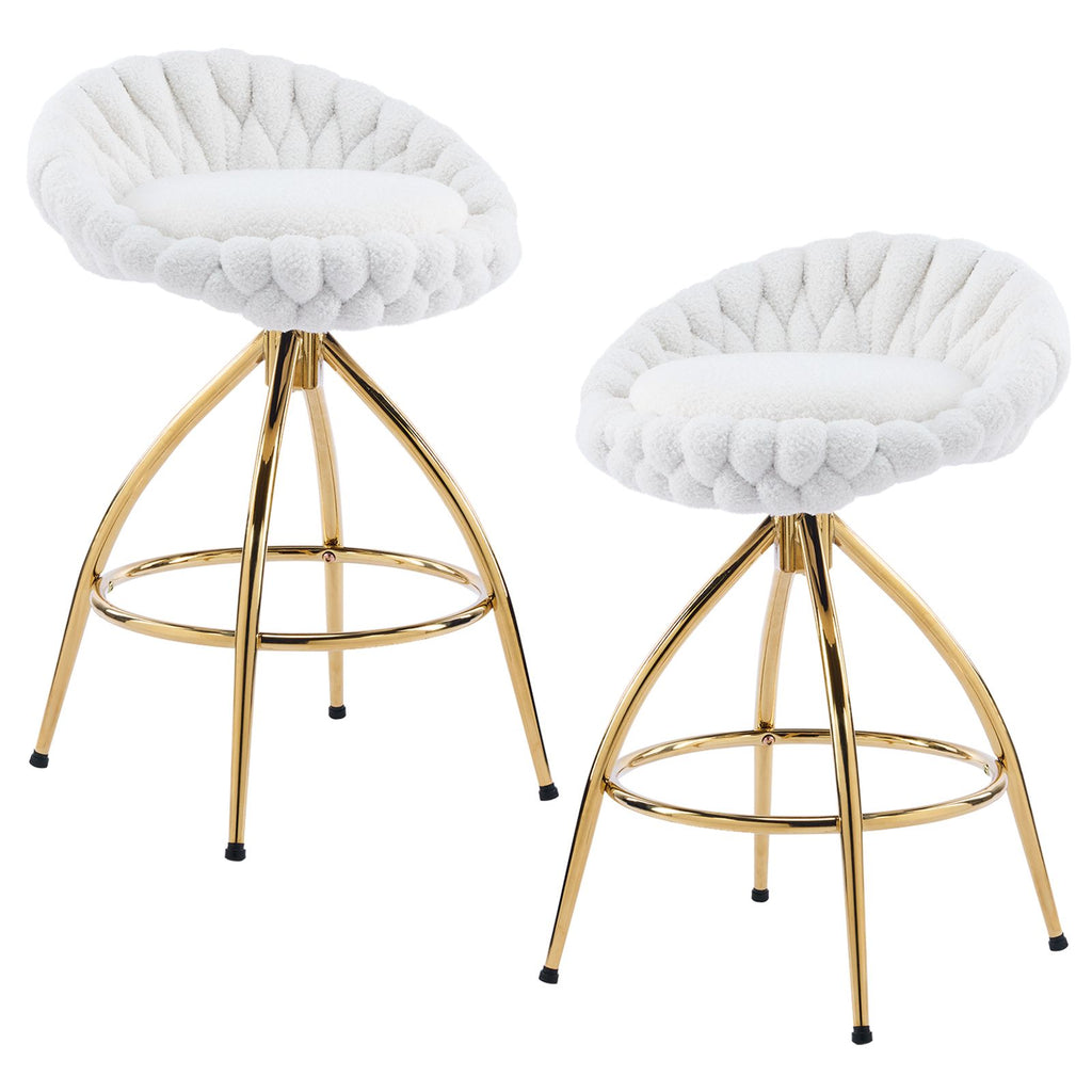2pcs Teddy Velvet Gold-plated Iron Feet Bar Stool Weaving Style White With Swivel