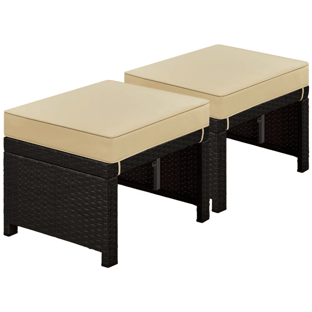 2PCS Wicker Ottomans with Removable CushionforPatio, Brown/Khaki