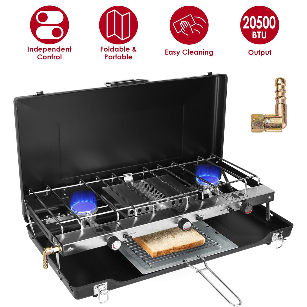 3-Burner Propane Camping Stove 20000 BTUs, Portable Camp Stove with 3 Adjustable Burners and Push-Button Instant Ignition, Portable Camping Grill, Built-in Carrying Handle