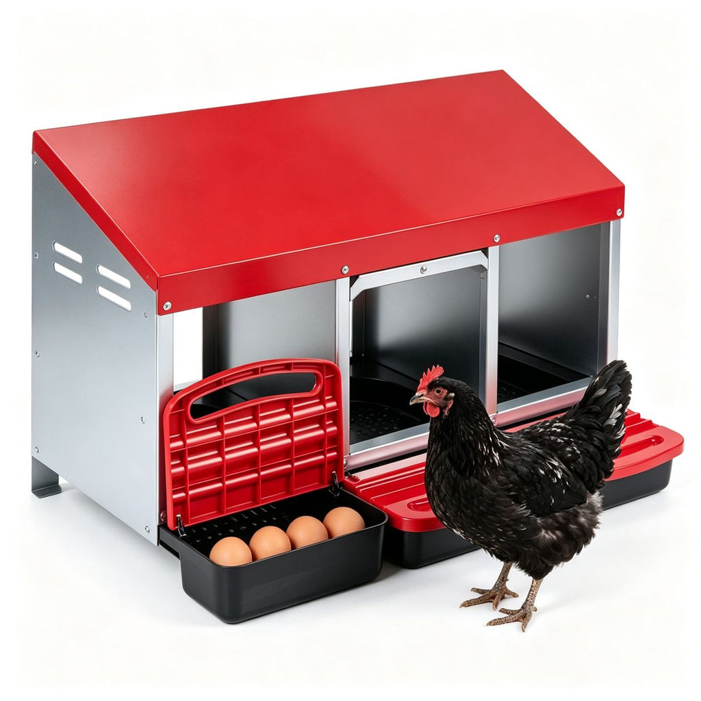 3-Compartment Chicken Nesting Box, Hot-Dipped Galvanized Iron Roll-Away Egg Collection Box, Anti-Rust Poultry Nest Box with Ventilation Holes & Sloped Roof for Chicken Coop Farm Use