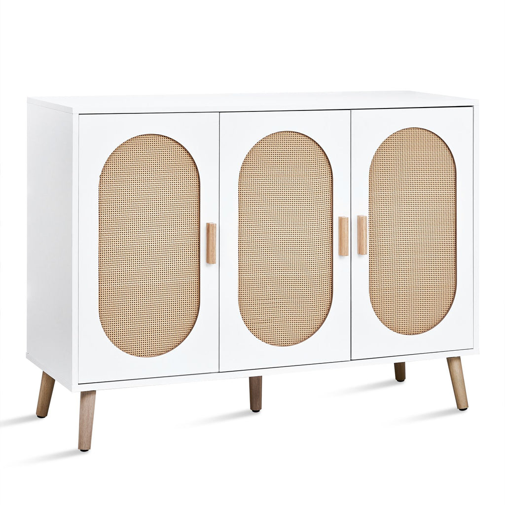 3-door standing cabinet with tall oval rattan top, made of particleboard and plastic rattan, 113*40*83.5cm, white frame, natural wood-colored rattan top, and gold tall legs