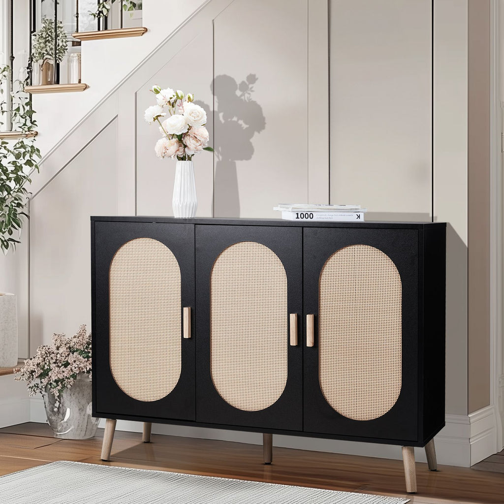 3-door vertical shoe cabinet particle board + plastic rattan black frame + original wood rattan surface + gold high feet