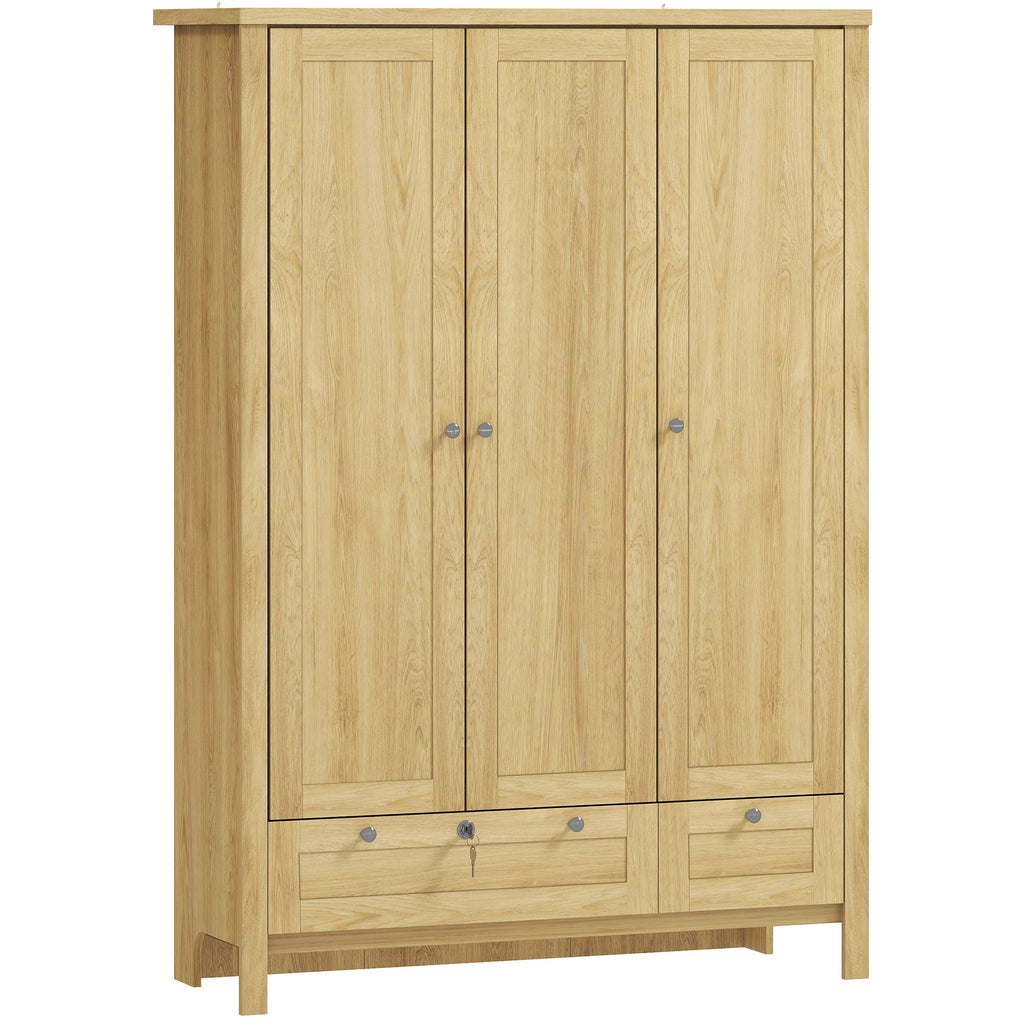 3 Doors Wardrobe Closet with 2 Drawers, Bedroom Armoire with Lockable Drawer, Hanging Rod and Storage Shelves, Natural