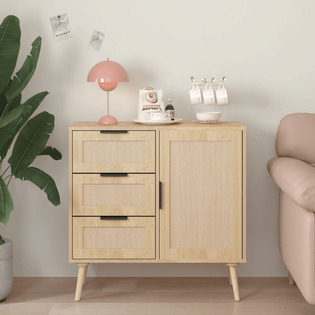 3 Drawer DresserforBedroom,Modern Rattan Wood Small Dresser ChestofDrawersStorageCabinet SideboardforLiving Room,Entryway
