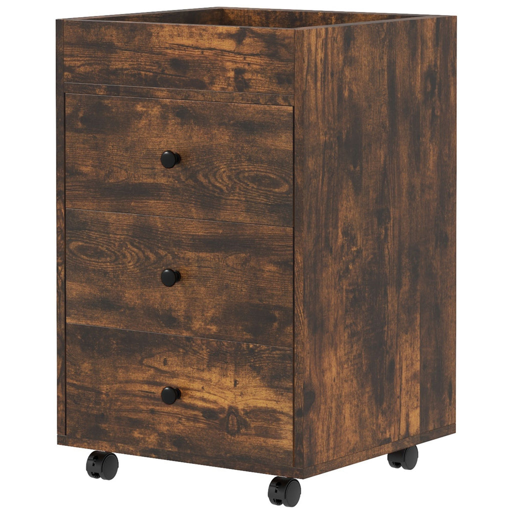 3 Drawer File Cabinet on Wheels, Mobile Home Office Storage Cabinets with Top Tray Under Desk Printer Stand, Brown