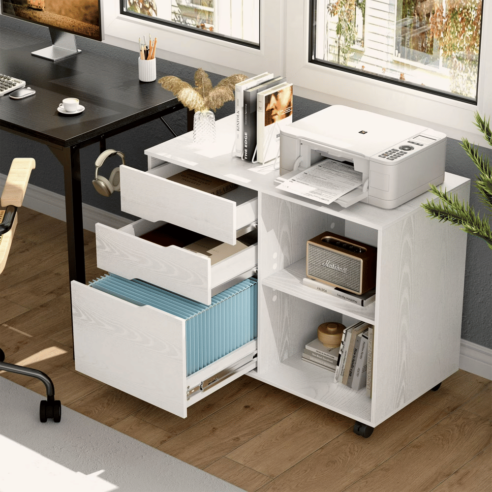 3-Drawer File Cabinet with Wheels, Rolling Wood Printer Stand with OpenStorageShelves forHomeOffice, White