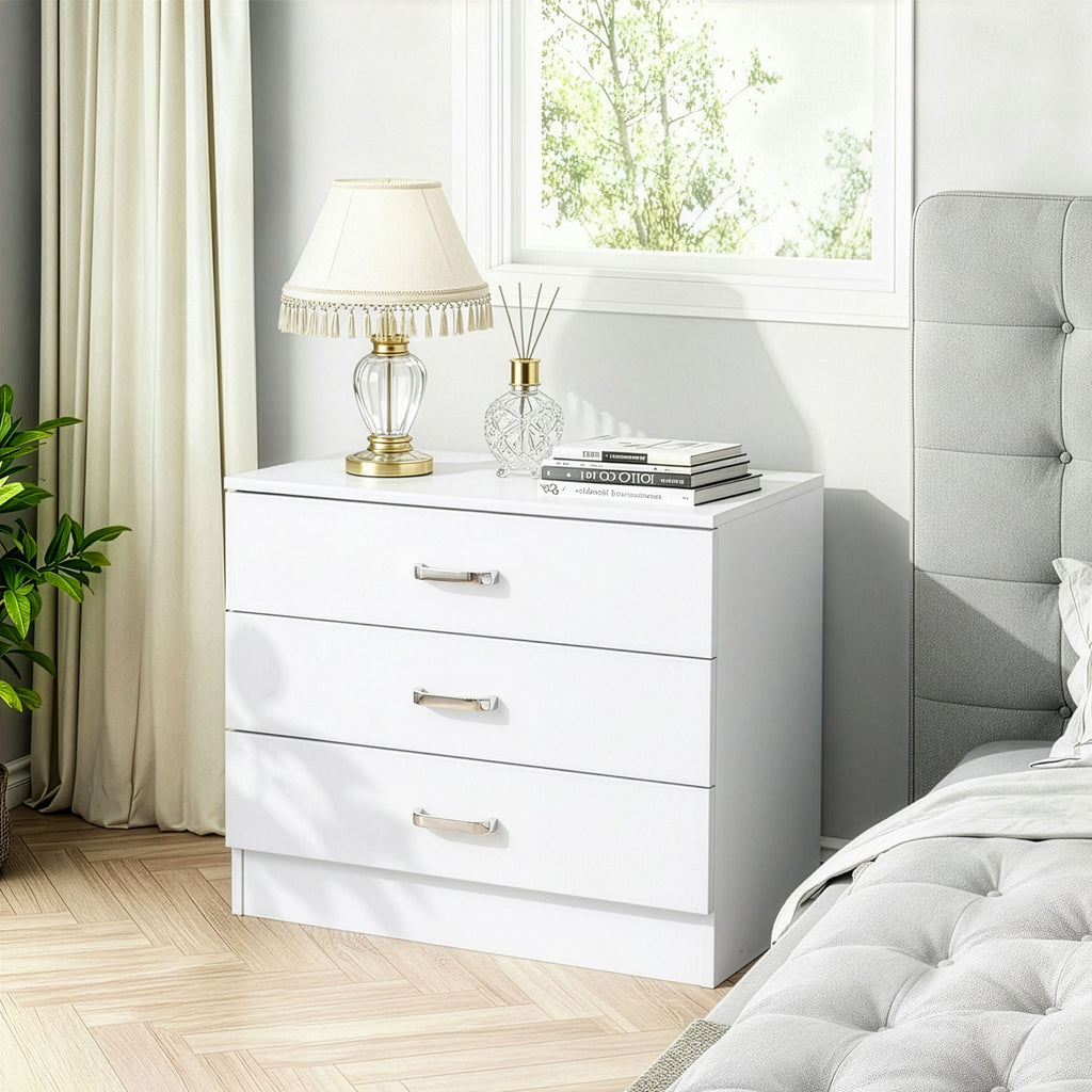 3-Drawer P2 Particleboard Bedside Table with Melamine Finish Drawer Cabinet Lockers 25.98*12.99*22.05in White