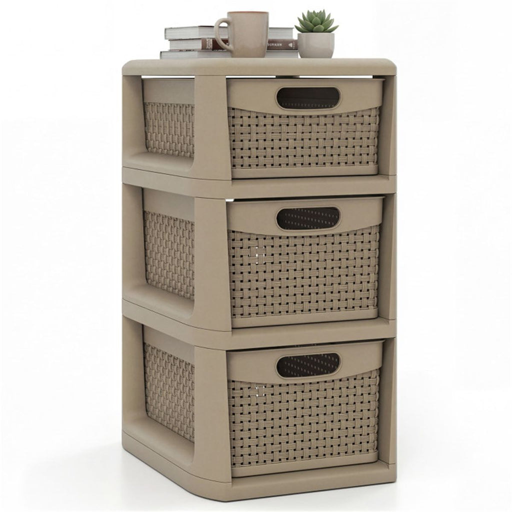3-Drawer PP Storage Organizer Wicker Look Narrow Cabinet for Home & Office