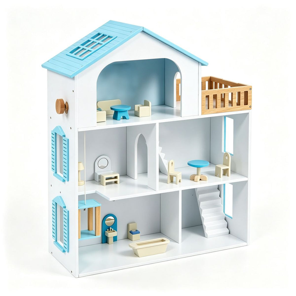 3-Floor Wooden Dollhouse for Kids, 5 Play Areas Pretend Play House with Movable Elevator & Stairs, 13PCS Furniture Set, Safe Anti-Toppling Design Creative Toy Gift for Toddlers Age 3+ - Blue