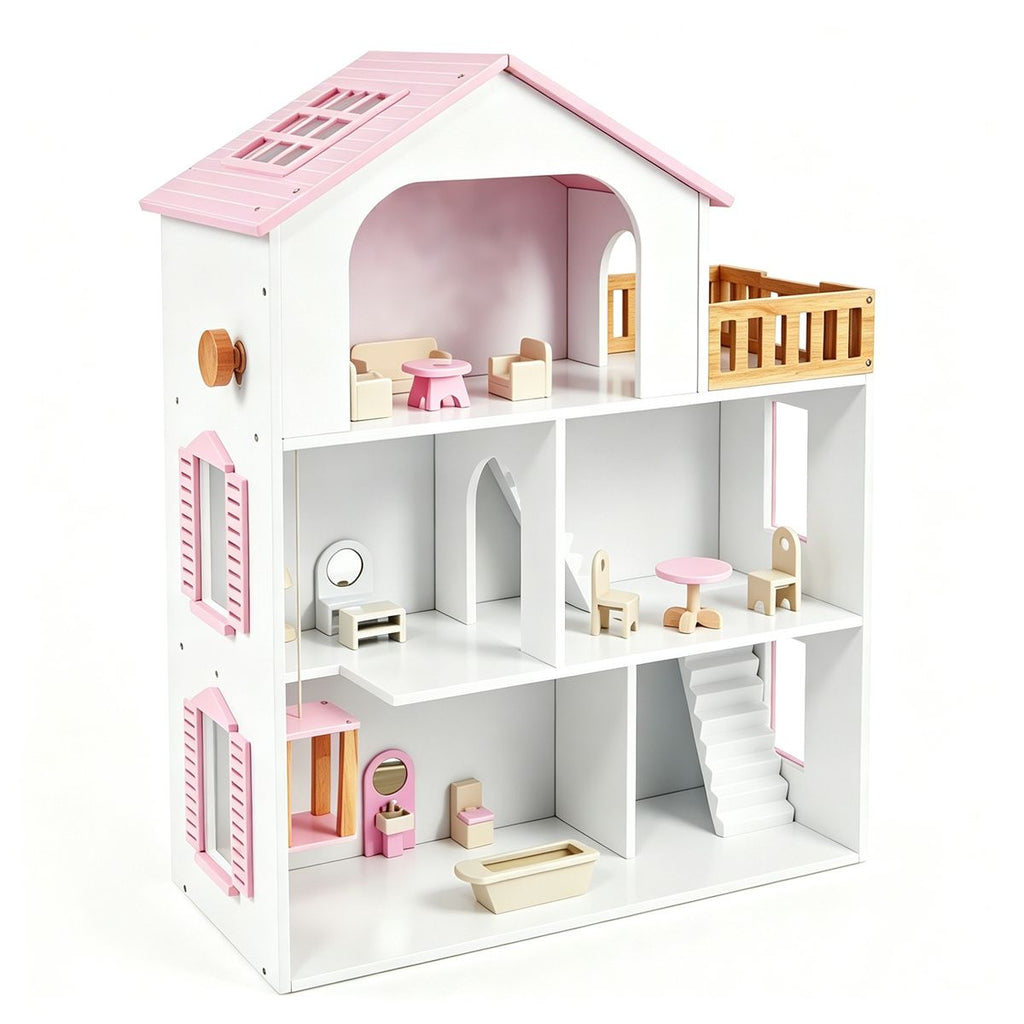 3-Floor Wooden Dollhouse for Kids, 5 Play Areas Pretend Play House with Movable Elevator & Stairs, 13PCS Furniture Set, Safe Anti-Toppling Design Creative Toy Gift for Toddlers Age 3+ - Pink