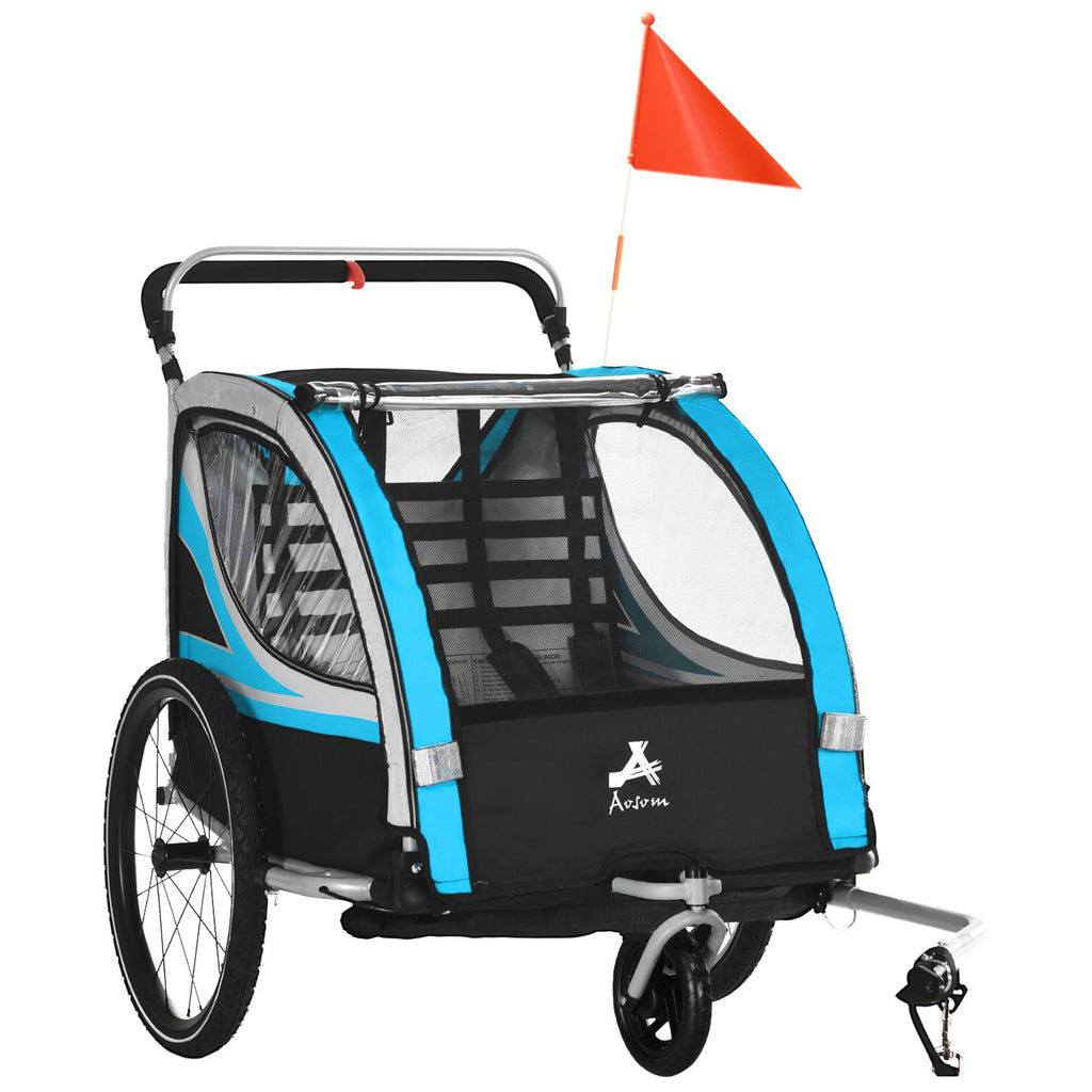 3-in-1 Bike Trailer for Kids, Running Stroller with 2 Seats, Jogging Cart with 5-Point Harness, Storage Units, Blue