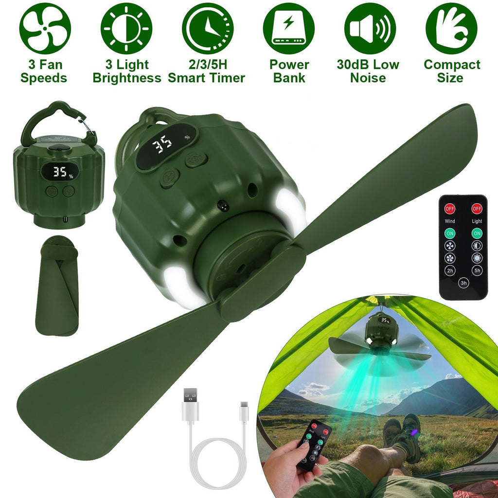 3-in-1 Camping Fan with LED Lantern, Portable Hanging Tent Fan 3 Speed Wind, Timer Function & Power Bank, Low Noise Rechargeable Fan with Remote Control for Outdoor Camping Fishing RV--10400mAh