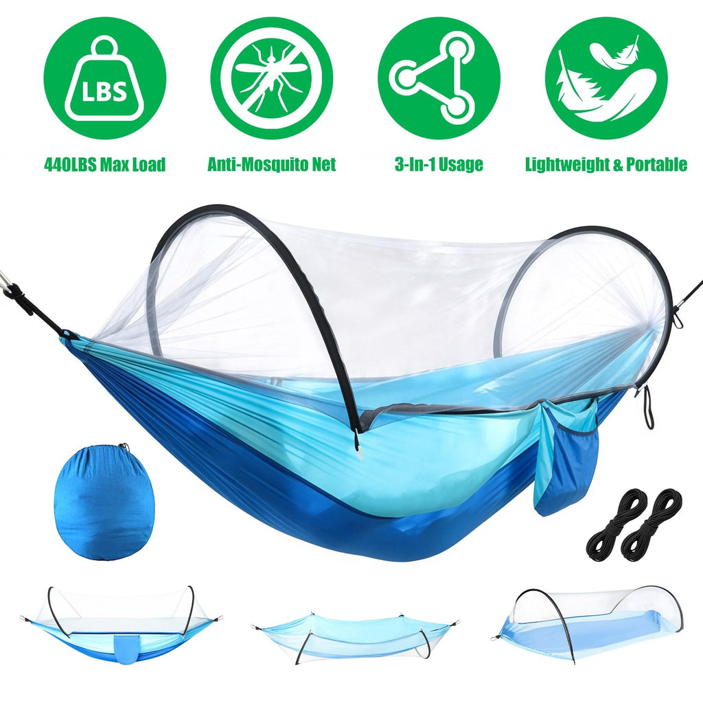 3-in-1 Camping Hammock with Automatic Pop-Up Mosquito Net, Lightweight 70D Nylon Portable Hammock Supports 440lbs, Dual Zipper Outdoor Hammock for Camping Hiking Backpacking Beach Backyard