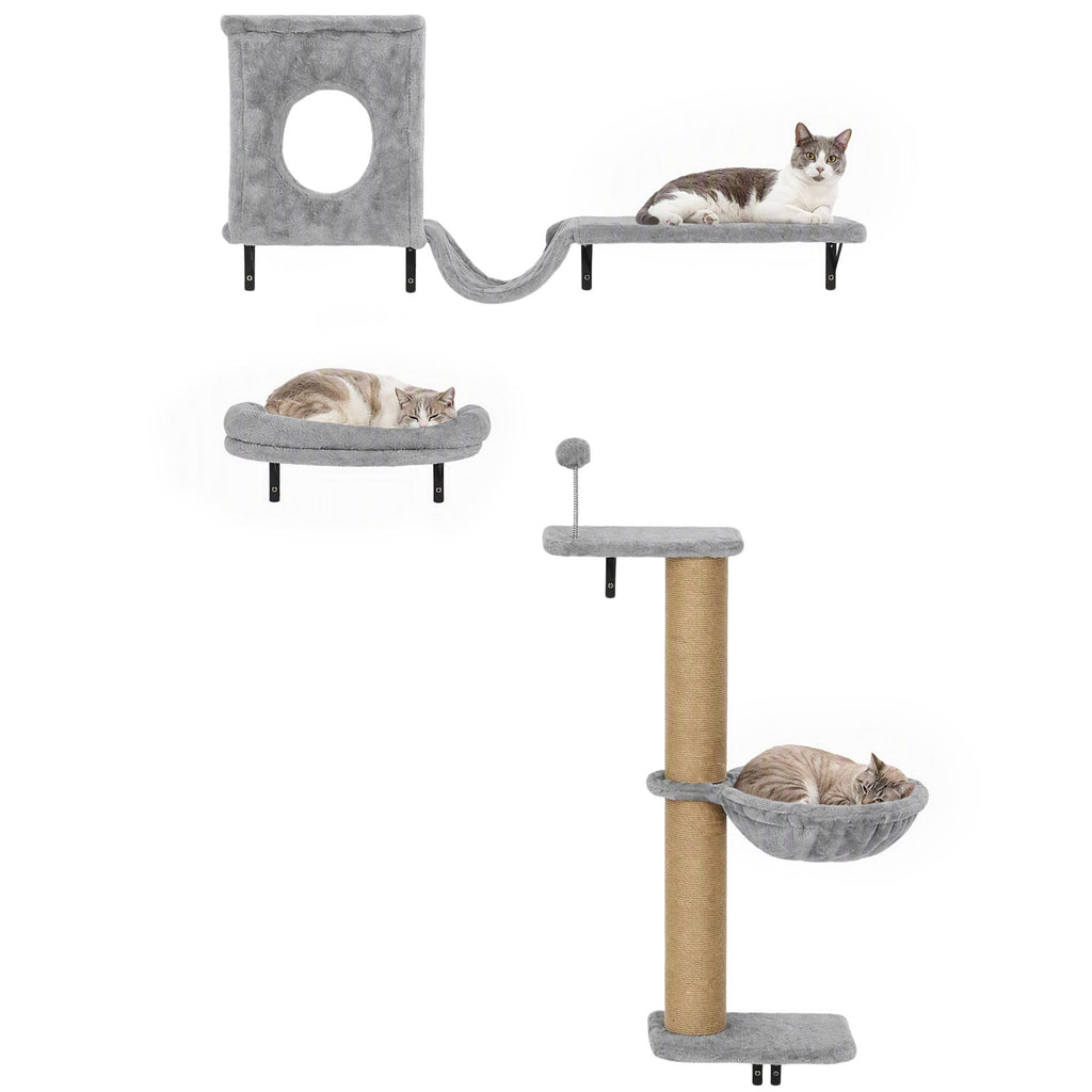 3-In-1 Cat Wall Shelves with Condo, Bed, Hammock, Scratching Post and Spring Ball, Gray