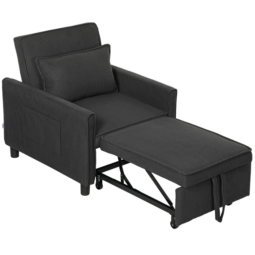 3-in-1 Convertible Chair Bed, Pull Out Sofa Bed Sleeper Chair with Adjustable Backrest, Pillow, and Pockets, Dark Gray