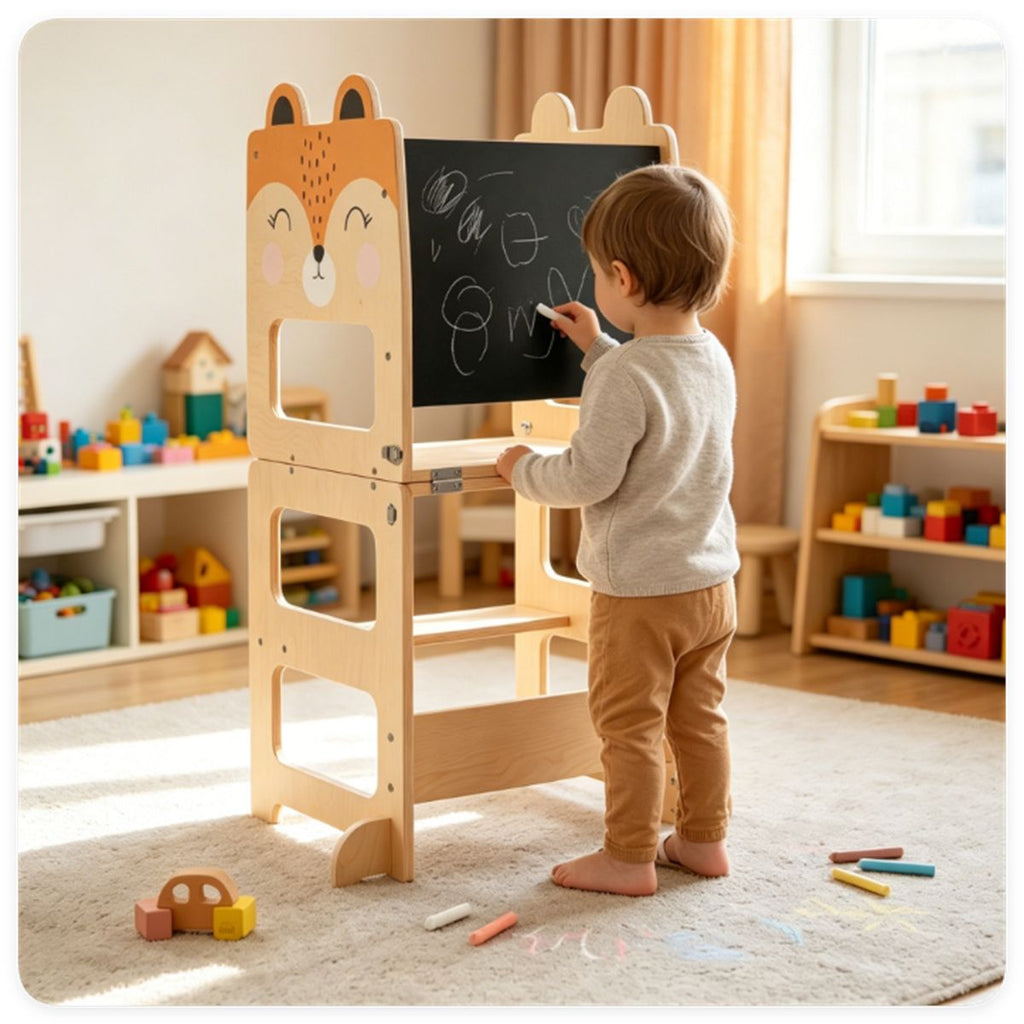 3-in-1 Convertible Toddler Learning Tower Step Stool with Chalkboard, Poplar Wood Flip Design Weaning Table Stool Set Anti-Tip Safety Guardrail 110 LBS Load for Kids 18+ Months Fox Pattern