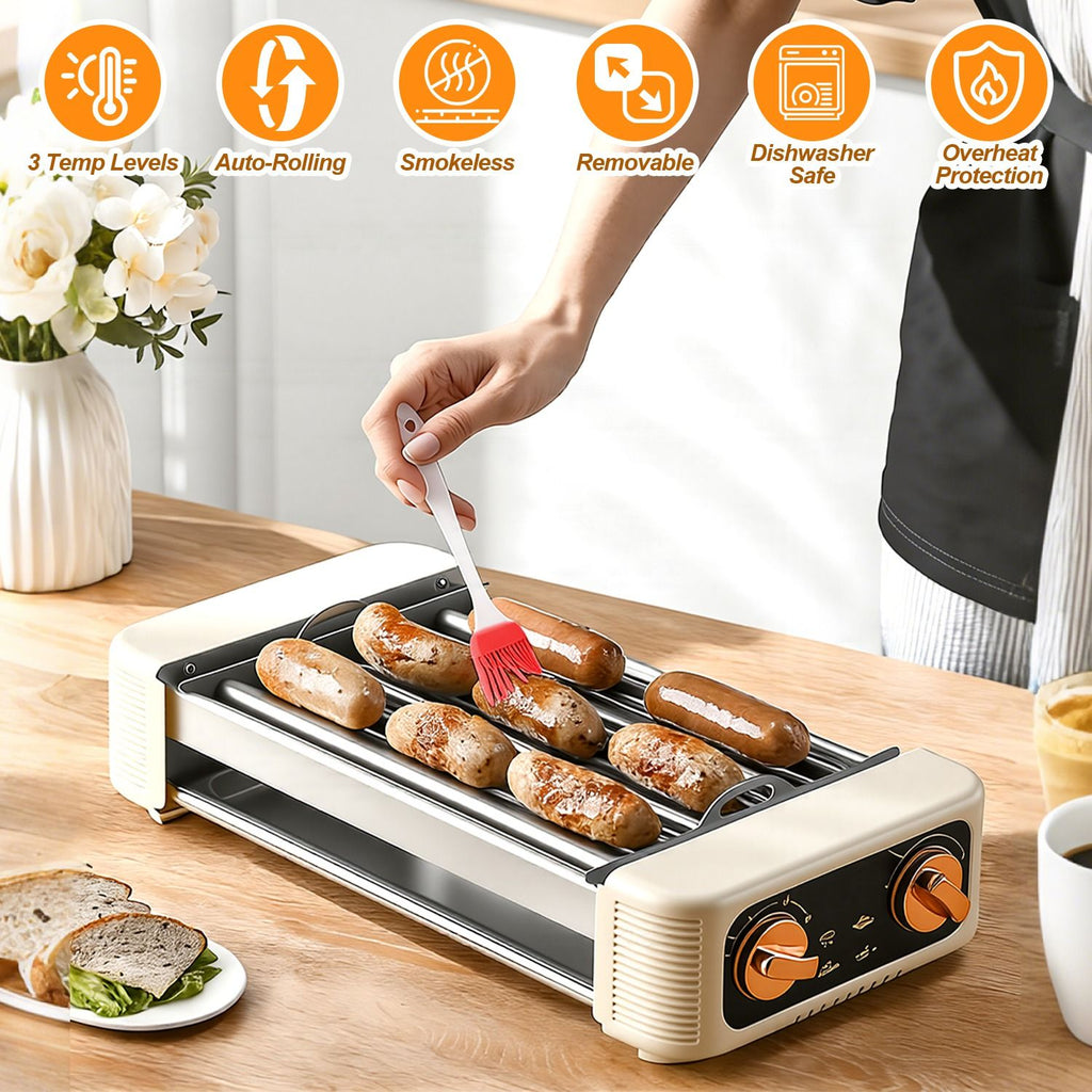 3-in-1 Electric Sausage Griller, Hot Dog Roller with BBQ Grill & Flat Griddle, 3 Temperature Levels Smokeless Indoor Outdoor Grill for Sausages, Bacon, Steak, Burgers, Pancakes