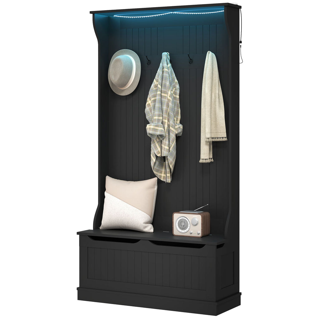 3-In-1 Entryway Bench with LED Lights and Coat Rack, Hall Tree with Bench and Shoe Storage, 5 Hooks for Hallway Black