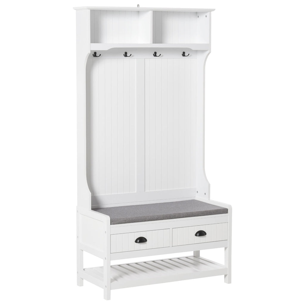 3-in-1 Hall Tree, Entryway Bench with Coat Rack, Shoe Rack, 2 Storage Drawers, 4 Hooks, Padded Seat, White
