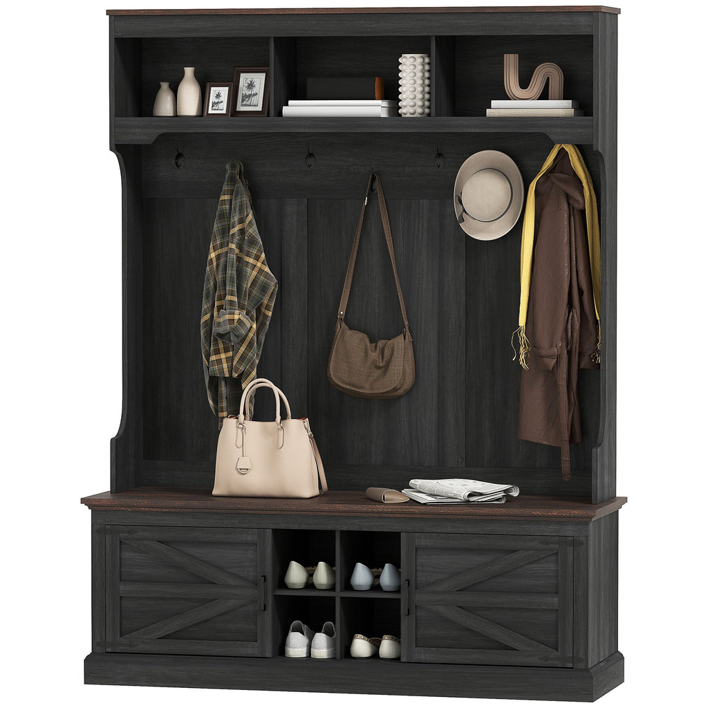 3-in-1 Hall Tree with Shoe Storage, Coat Rack with Bench, Entryway Furniture with Hooks, Black Wood Grain