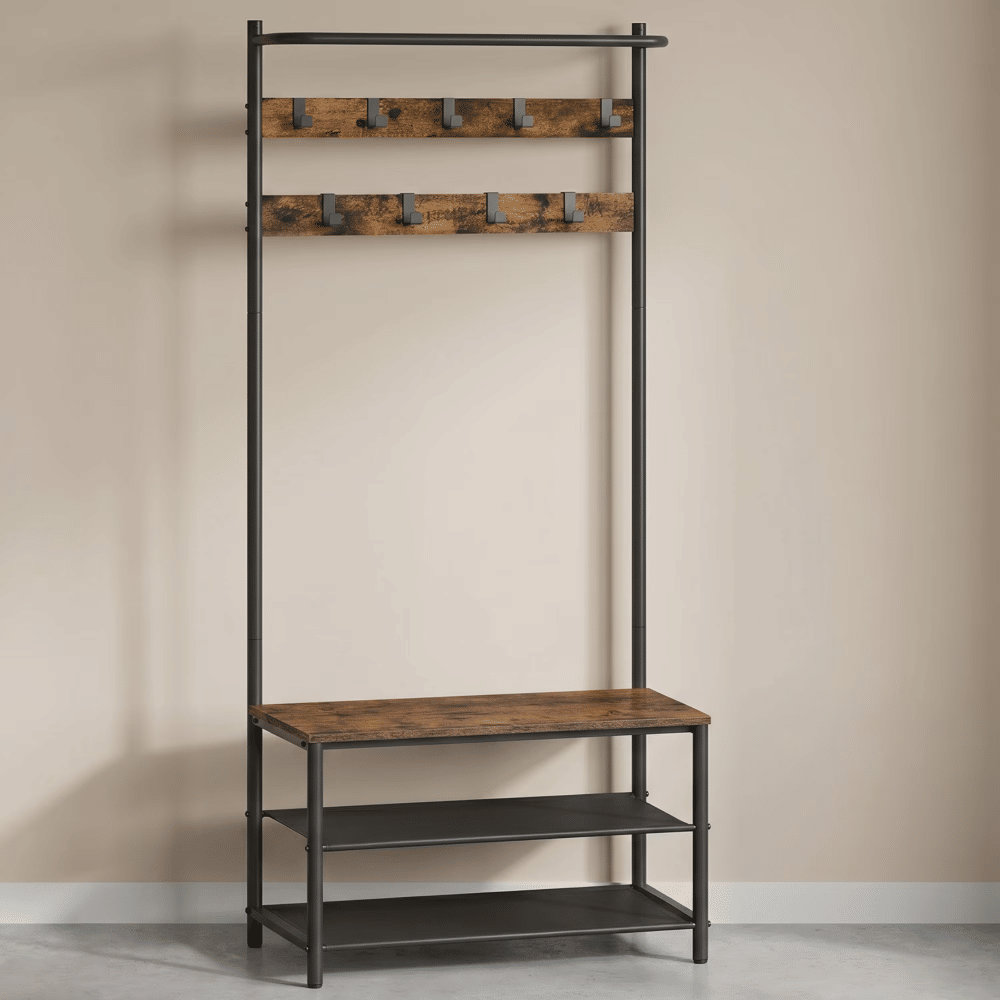 3-in-1 Industrial Hall Tree with ShoeStorageBench, Rustic Walnut & Black