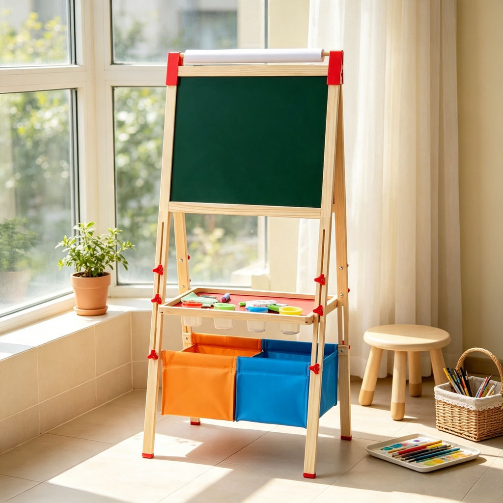 3-in-1 Kids Art Easel, Wooden Double-Sided Magnetic Whiteboard & Chalkboard with Paper Roll, Adjustable Standing Drawing Board with Painting Accessories, for Boys Girls