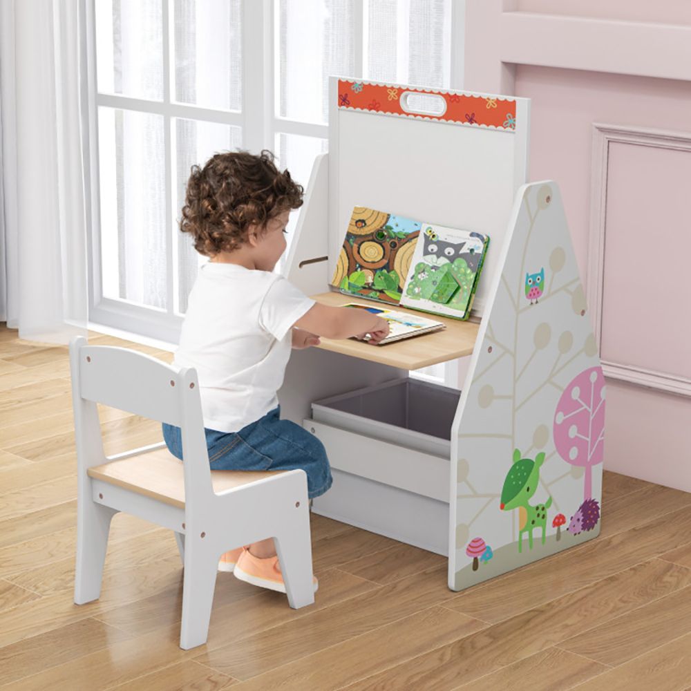 3 in 1 Kids Easel and Play Station Convertible with Chair and Storage Bins