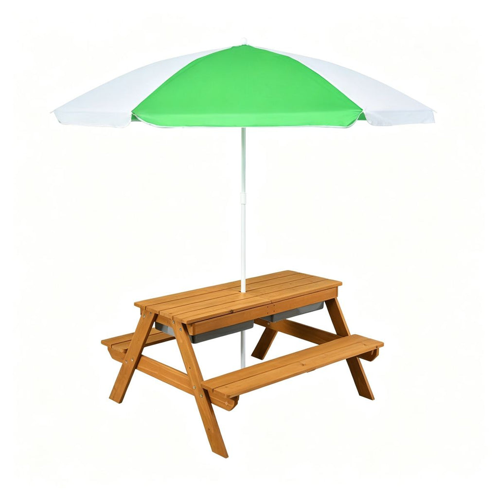 3-in-1 Kids Picnic Table with Adjustable Umbrella, Fir Wood Outdoor Activity Table Set with Detachable Storage Boxes, Sand & Water Play Table for 3-7 Years Old- Green