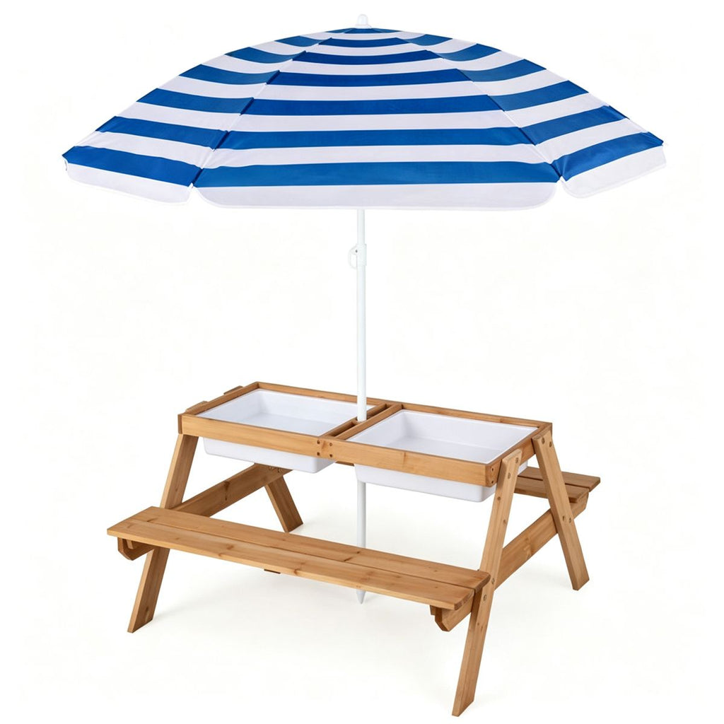 3-in-1 Kids Picnic Table with Adjustable Umbrella, Fir Wood Outdoor Activity Table Set with Detachable Storage Boxes, Sand & Water Play Table for 3-7 Years Old- Navy