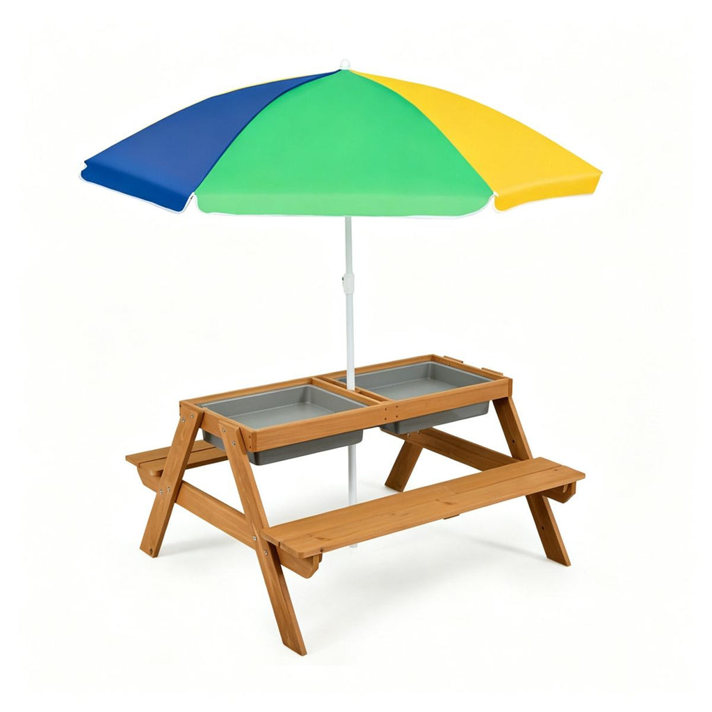 3-in-1 Kids Picnic Table with Adjustable Umbrella, Fir Wood Outdoor Activity Table Set with Detachable Storage Boxes, Sand & Water Play Table for 3-7 Years Old- Yellow