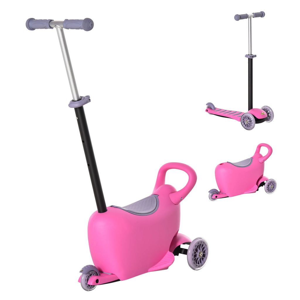 3-in-1 Kids Scooter Walker Push Car, Pink, Height Adjustable, with Storage, Durable