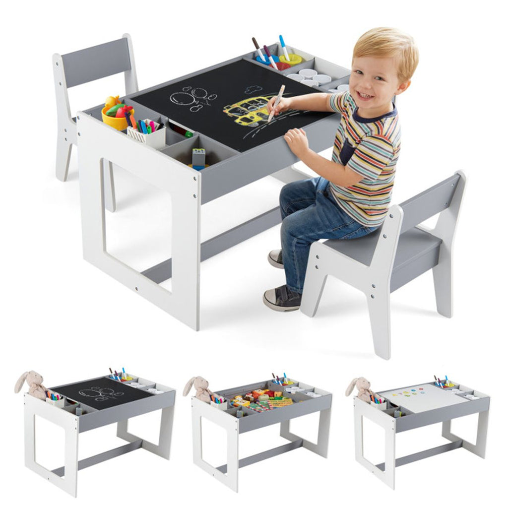 3-in-1 Kids Table & 2 Chairs Set, Double-Sided Chalkboard Whiteboard Activity Table for Toddlers-Gray