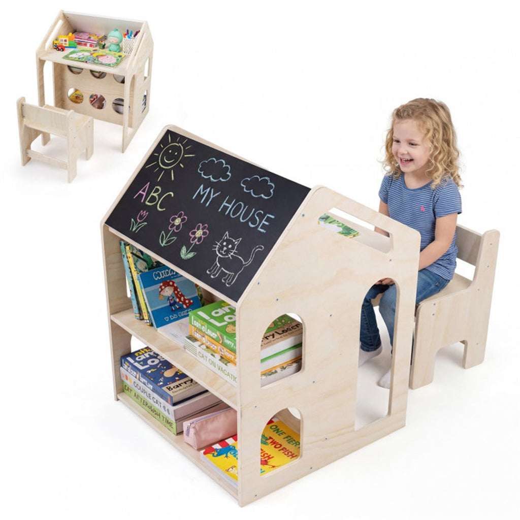 3-in-1 Kids Table and Chair Set, 55.88×50.80×69.85 cm House-Shaped Activity Table with Chalkboard & Bookshelf