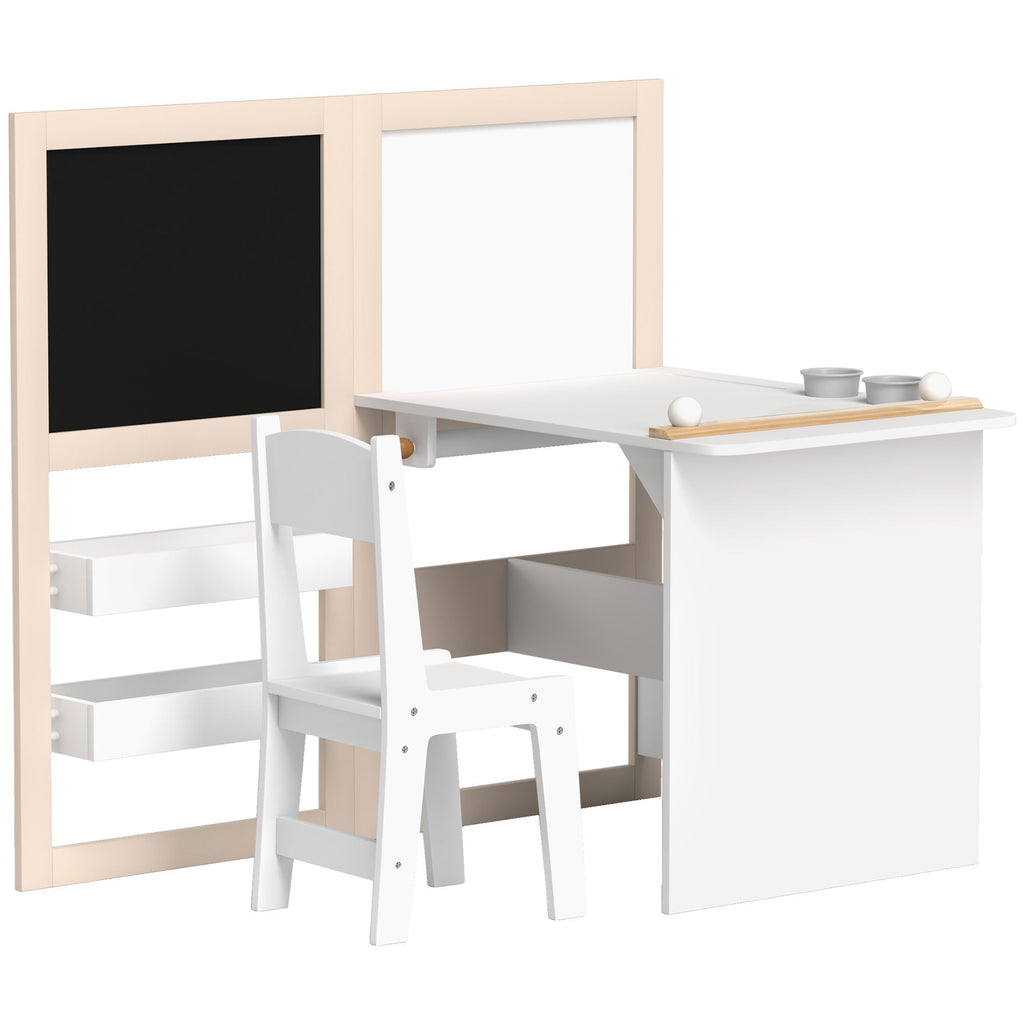 3 in 1 Kids Table and Chair Set with Storage, Whiteboard, Blackboard & Roll Paper for 3-8 Years, White