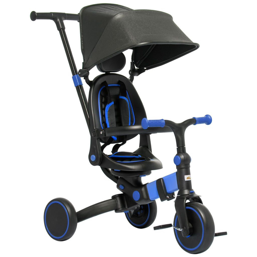 3-in-1 Kids Tricycle with Aluminum Frame, Adjustable Handle, Canopy, Seat Angle, Blue, for 18-48 Months