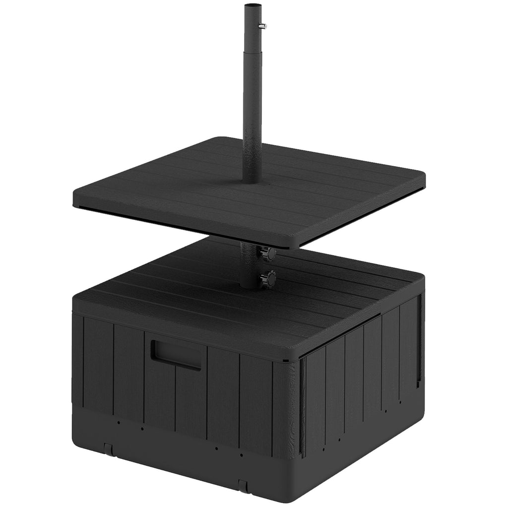 3-in-1 Outdoor Umbrella Base with Table Tray, Coffee End Table, Planter Box with Drain Hole, 175 lbs. Capacity Heavy Duty Fillable Patio Umbrella Stand Table with Wheels and Handles, Black