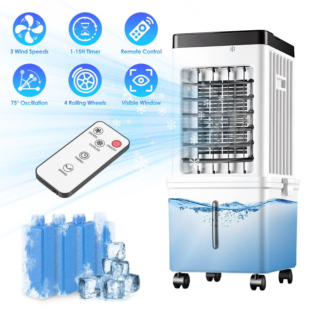 3 IN 1 Portable Air Conditioners, Swamp Cooler with Detachable Water Tank, 4 Ice Packs, 15H Timer, 75 Oscillation, Remote, 3 Speeds, Evaporative Cooler for Bedroom, Office