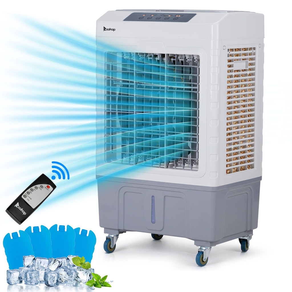 3 in 1 Portable Evaporative Cooler,Indoor,Outdoor,2647CFM Personal Air Cooler with remote control ,10.57 Gal Large Water Tank & Scroll Casters, 4 Ice Packs,White and gray