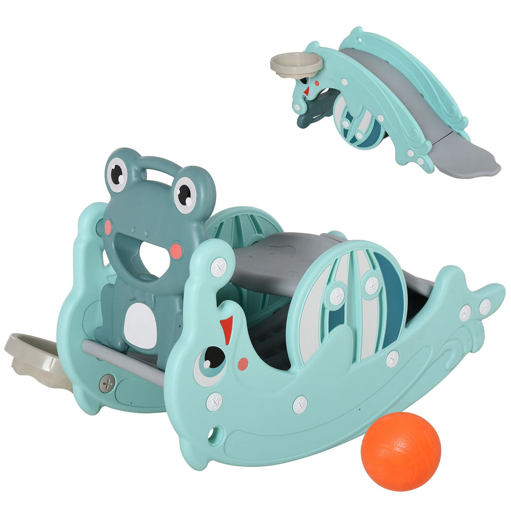 3-in-1 Portable Slide & Rocking Horse with Basketball Hoop, Indoor Outdoor Playground Toy for Toddlers 3-5 Years, Green