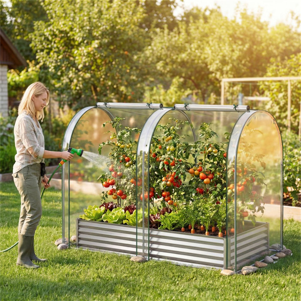 3-in-1 Raised Garden Bed with Greenhouse Cover 130 Gal Galvanized Metal Planter Box - Silver