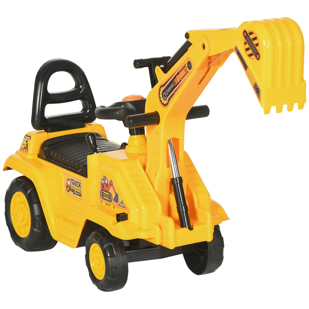 3-in-1 Ride On Excavator Digger Scooter & Pulling Cart, Construction Pretend Play Toy for Kids