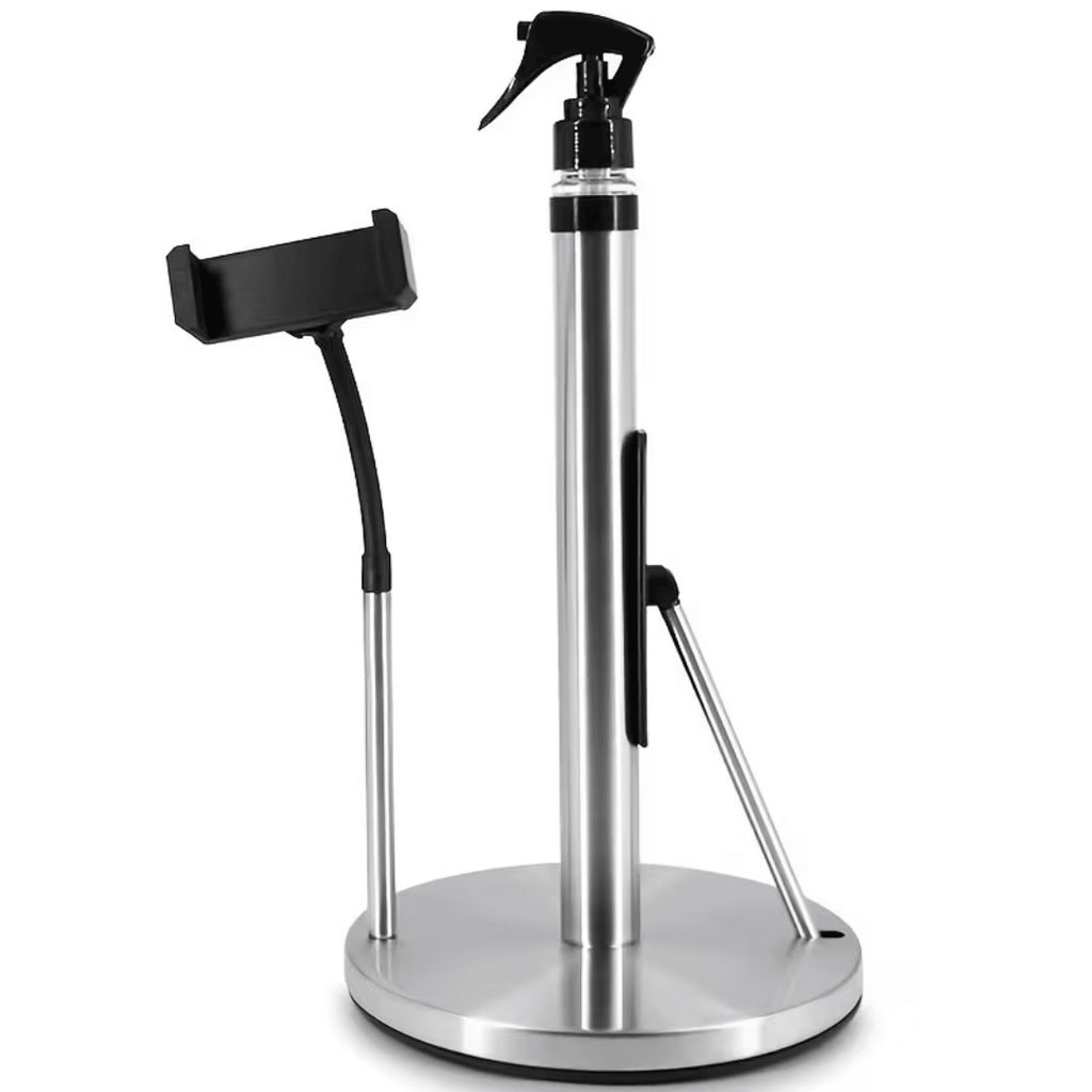 3-in-1 stainless steel bracket: paper towel holder, foldable mobile phone holder, spray, 360 ° adjustable arm, 2-minute installation, suction cup base. A great gift for the family