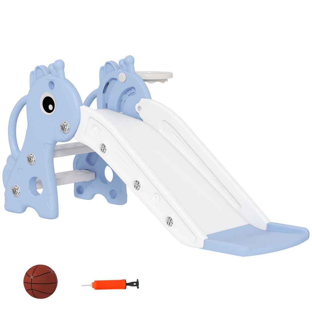 3-in-1 Toddler Slide for Age 1-3, Freestanding Kids Slide with Climber, Basketball Hoop and Ball, Giraffe Design, Blue