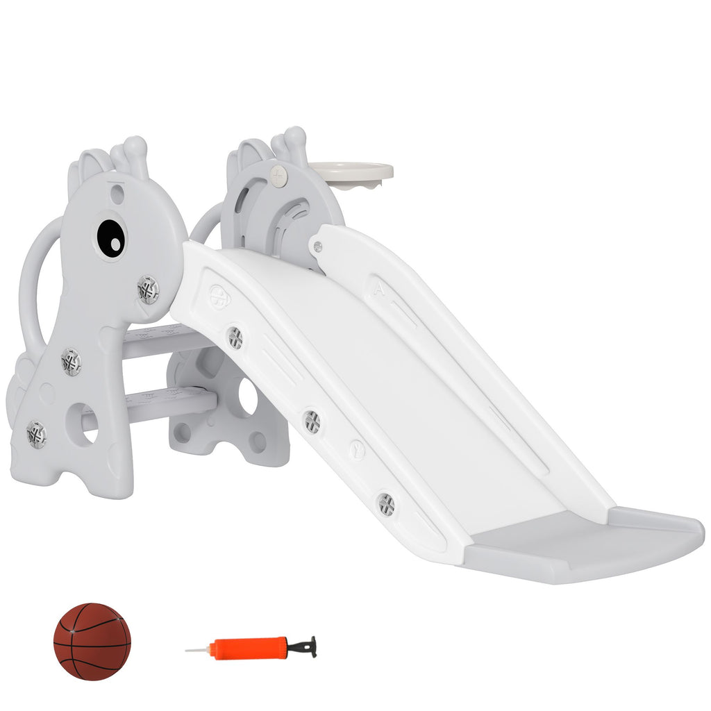 3-in-1 Toddler Slide for Age 1-3, Freestanding Kids Slide with Climber, Basketball Hoop and Ball, Giraffe Design, Gray