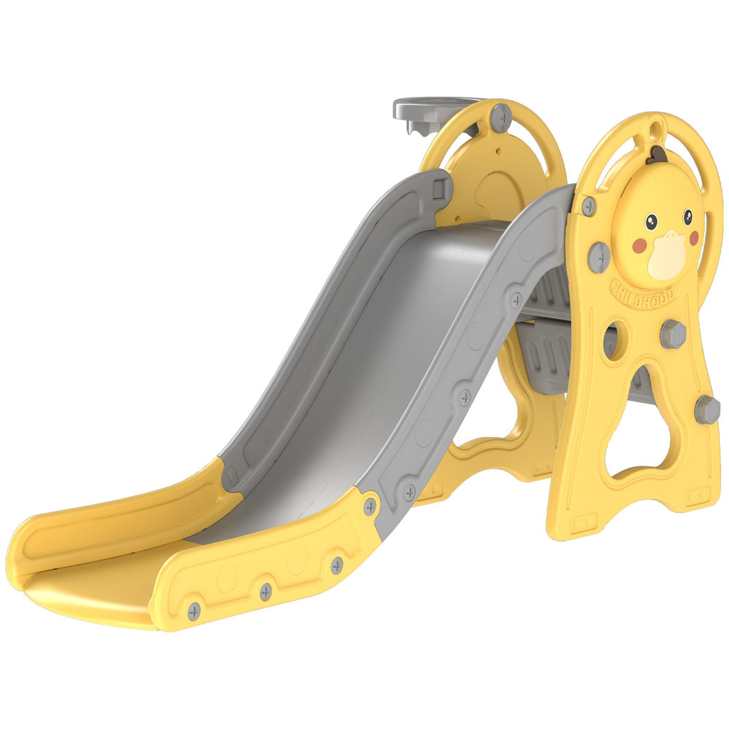 3 in 1 Toddler Slide with Basketball Hoop, Climber, Duck Pattern for Kids 1-3 Years, Yellow