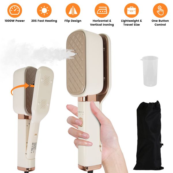 3 in 1 Travel Steamer for Clothes, 1000W Handheld Garment Steamer with 180° Rotating Head - Flat Iron, Hanging & Clip Steamer, Dry/Wet Ironing, 20OZ Leak-Proof Tank, Lightweight for Travel/Home