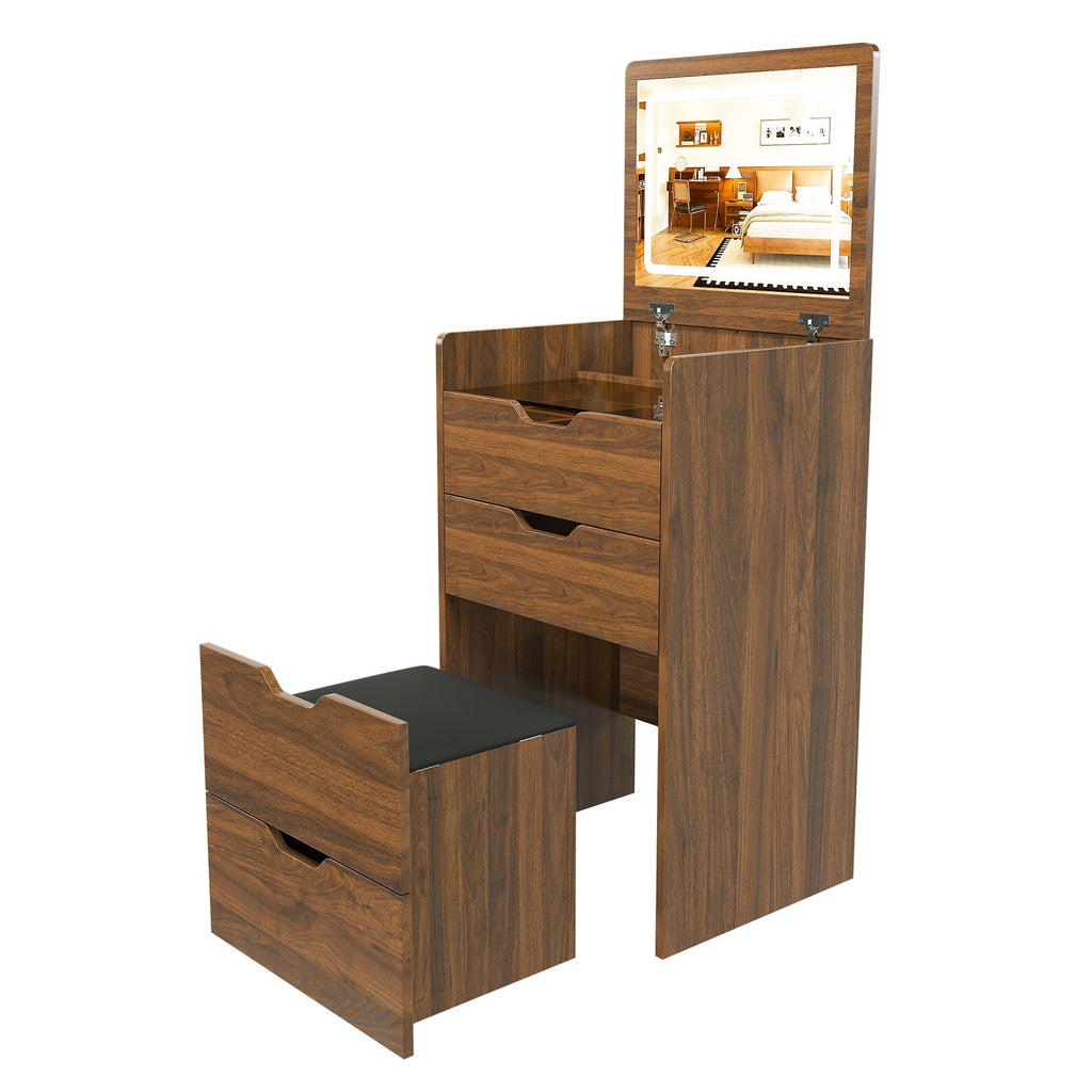3-in-1 Vanity Desk with Lighted Mirror & Stool, Flip Top Makeup Dressing Table, Compact Storage for Bedroom, Bathroom, Dressing Room(18.9"L, Walnut)