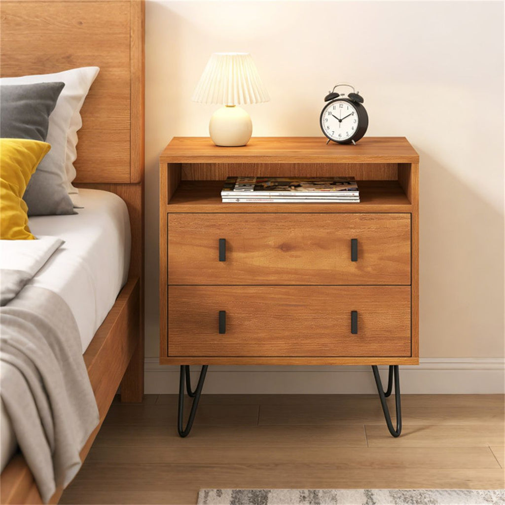 3-in-1 Versatile Nightstand with 2 Drawers, Industrial Hairpin Legs End Table for Bedroom