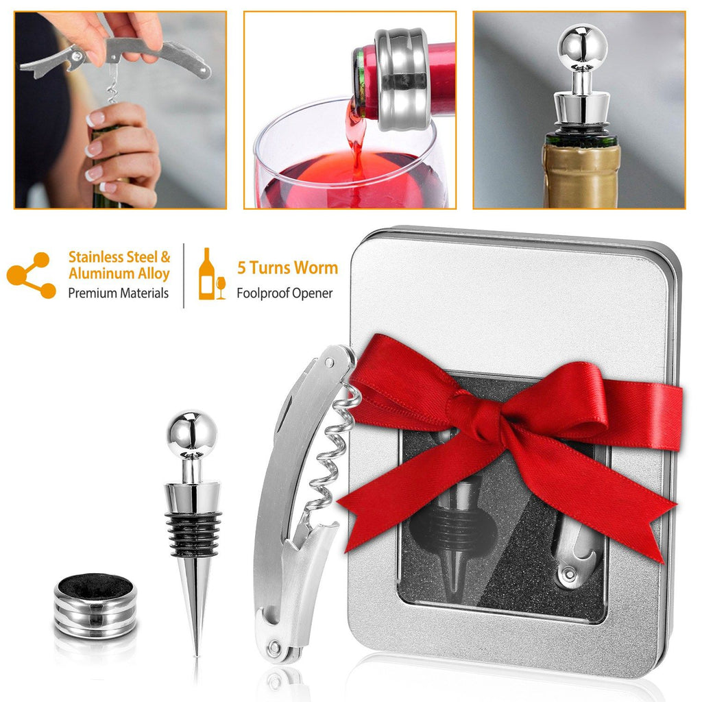 3 in 1 Wine Bottle Opener Kit, Wing Corkscrew with Foil Cutter, Wine Stopper & Drip Ring, Stainless Steel Wine Opener Set with Gift Box